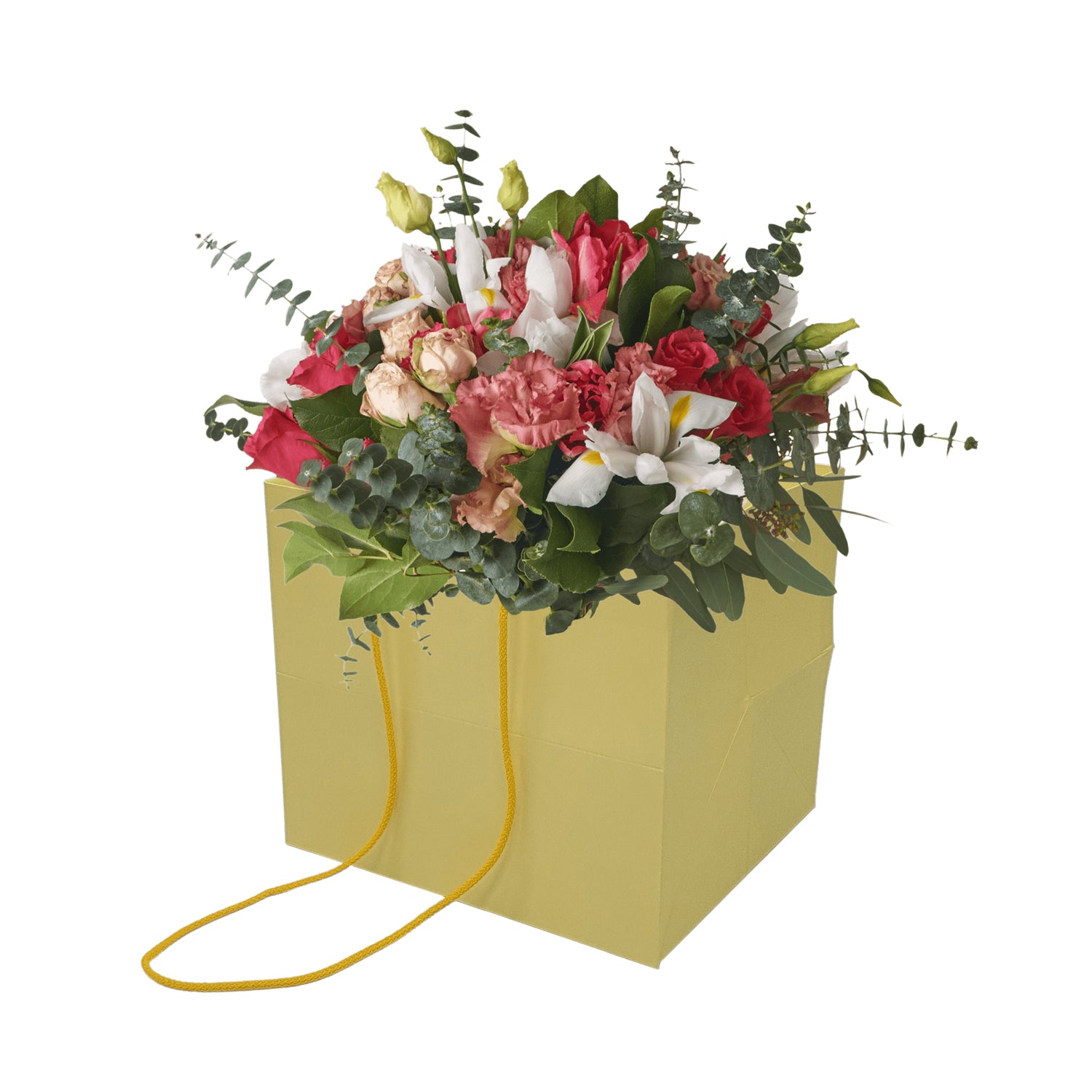 Pungă hârtie GALBEN PAL pentru flori cu mânere din șnur textil 23 x 20(H) x 20cm