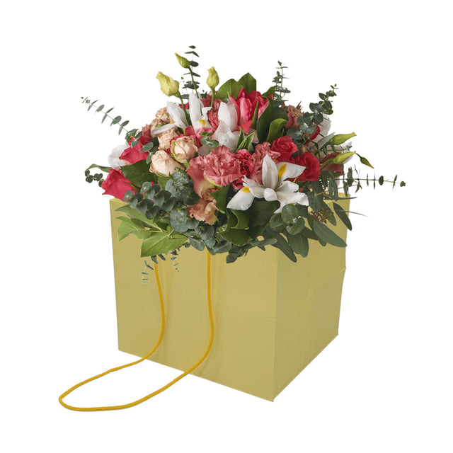 Pungă hârtie GALBEN PAL pentru flori cu mânere din șnur textil 23 x 20(H) x 20cm