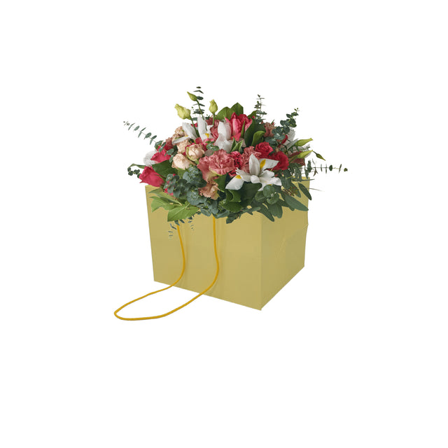Pungă hârtie GALBEN PAL pentru flori cu mânere din șnur textil 16 x 17(H) x 15cm
