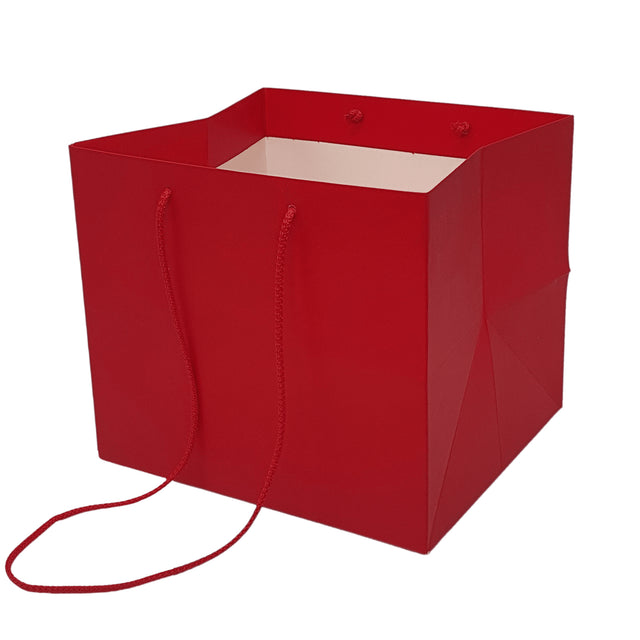 Pungă hârtie ROȘIE pentru flori cu mânere din șnur textil 30 x 25(H) x 27cm