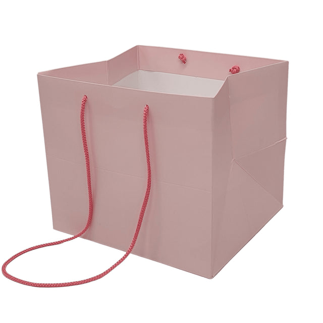 Pungă hârtie ROZ PAL pentru flori cu mânere din șnur textil 30 x 25(H) x 27cm