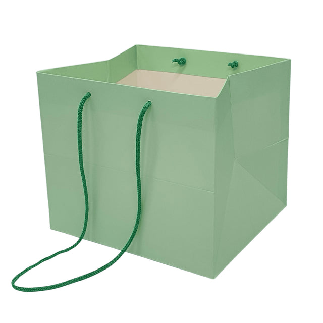 Pungă hârtie VERDE PAL pentru flori cu mânere din șnur textil 30 x 25(H) x 27cm