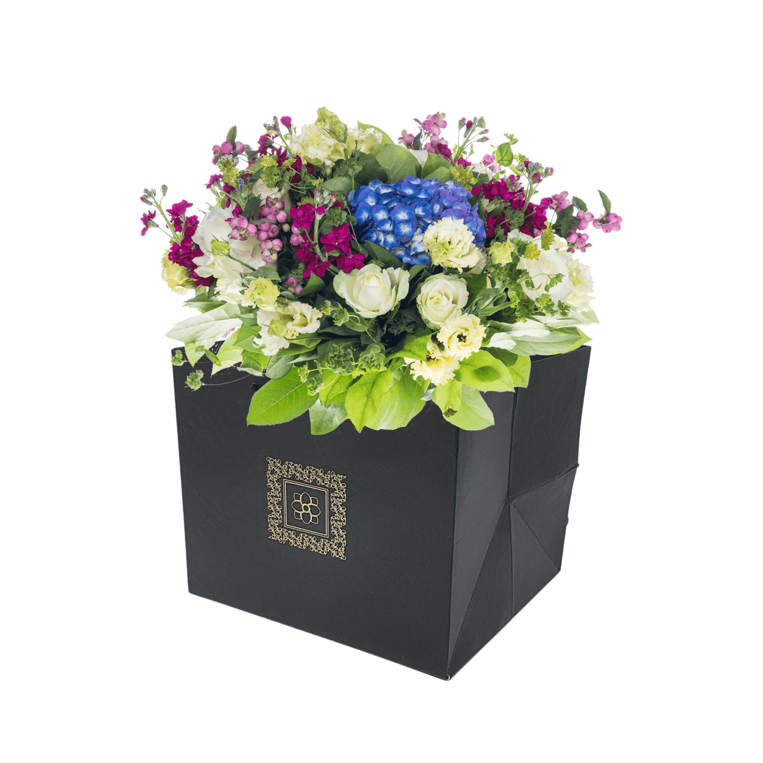 Pungă hârtie NEAGRĂ (cu model auriu) pentru flori cu mânere din saten 23 x 20(H) x 20cm