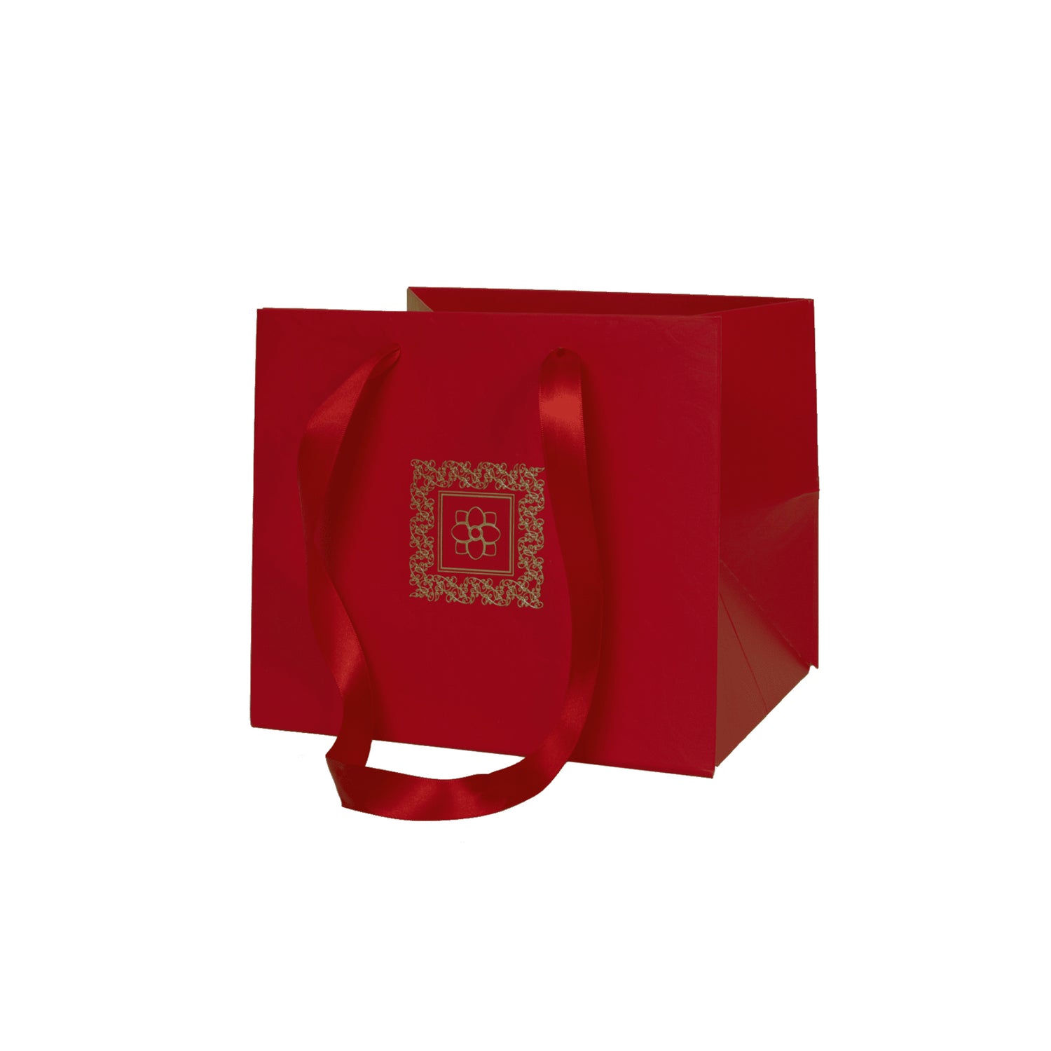 Pungă hârtie ROȘIE (cu model auriu) pentru flori cu mânere din saten 23 x 20(H) x 20cm