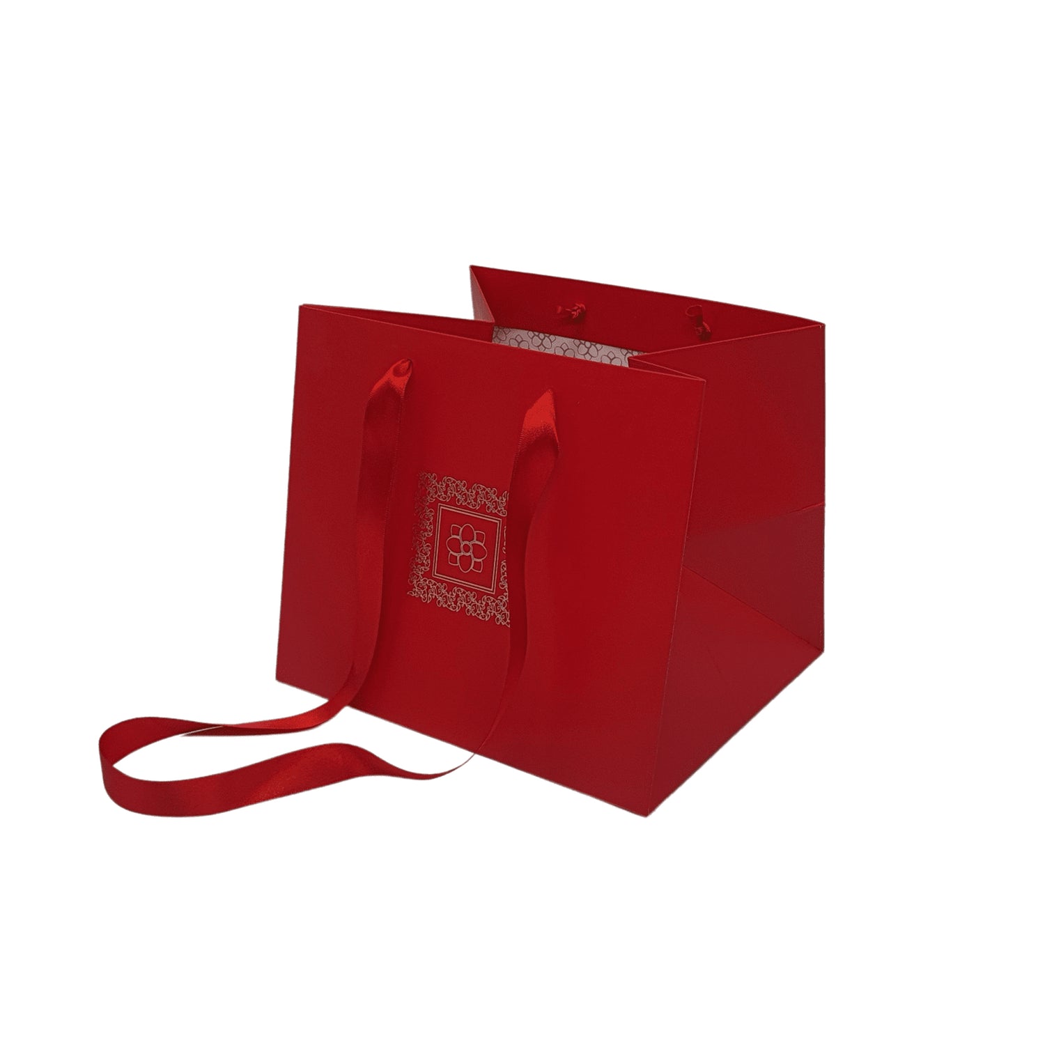 Pungă hârtie ROȘIE (cu model auriu) pentru flori cu mânere din saten 23 x 20(H) x 20cm