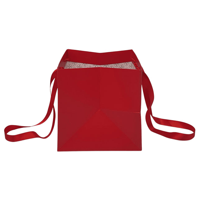 Pungă hârtie ROȘIE (cu model auriu) pentru flori cu mânere din saten 23 x 20(H) x 20cm