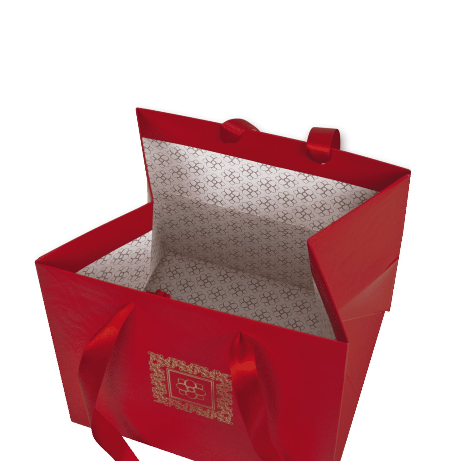 Pungă hârtie ROȘIE (cu model auriu) pentru flori cu mânere din saten 23 x 20(H) x 20cm