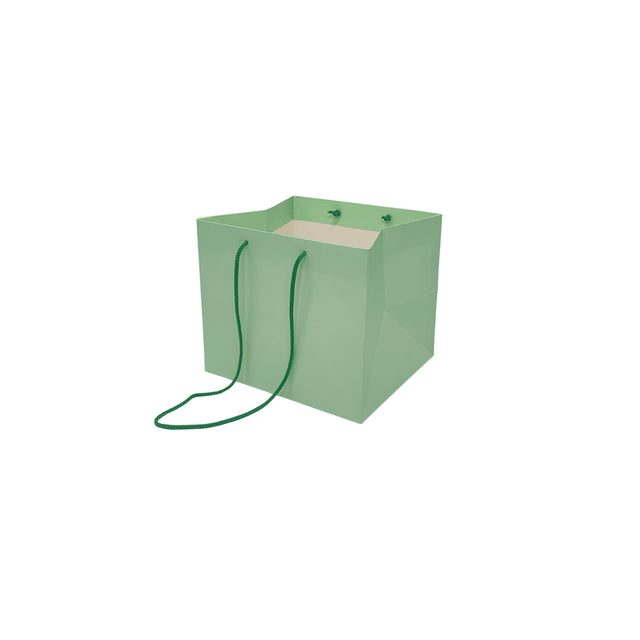 Pungă hârtie VERDE PAL pentru flori cu mânere din șnur textil 16 x 17(H) x 15cm