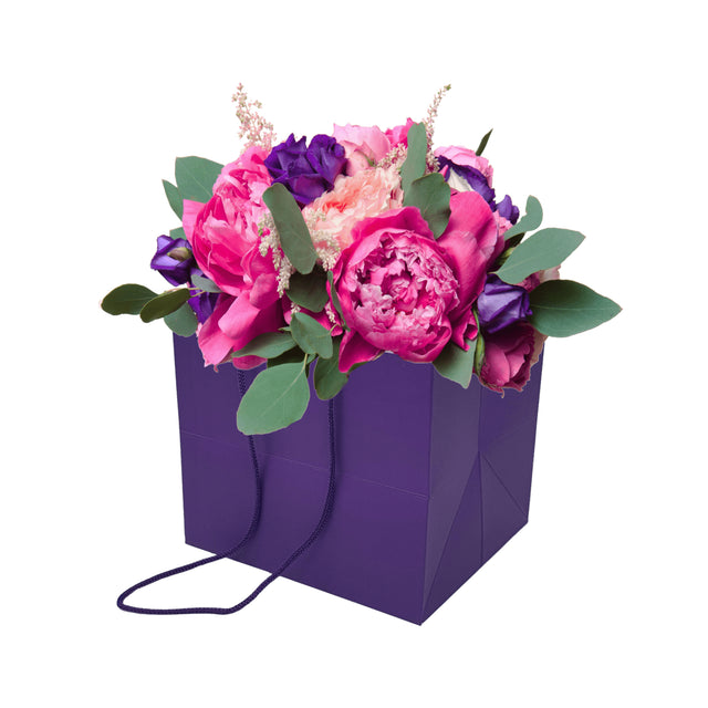 Pungă hârtie MOV pentru flori cu mânere din șnur textil 23 x 20(H) x 20cm