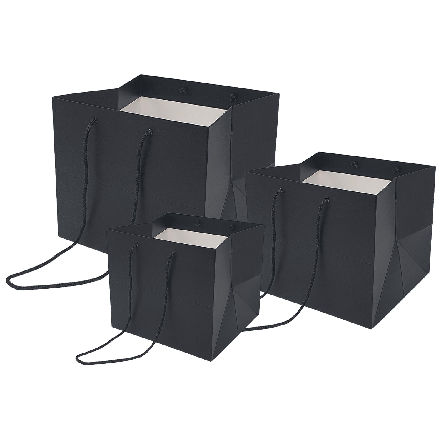 Pungă hârtie NEAGRĂ pentru flori cu mânere din șnur textil 30 x 25(H) x 27cm