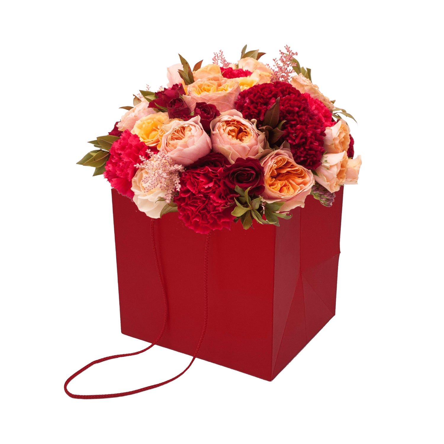 Pungă hârtie ROȘIE pentru flori cu mânere din șnur textil 23 x 20(H) x 20cm