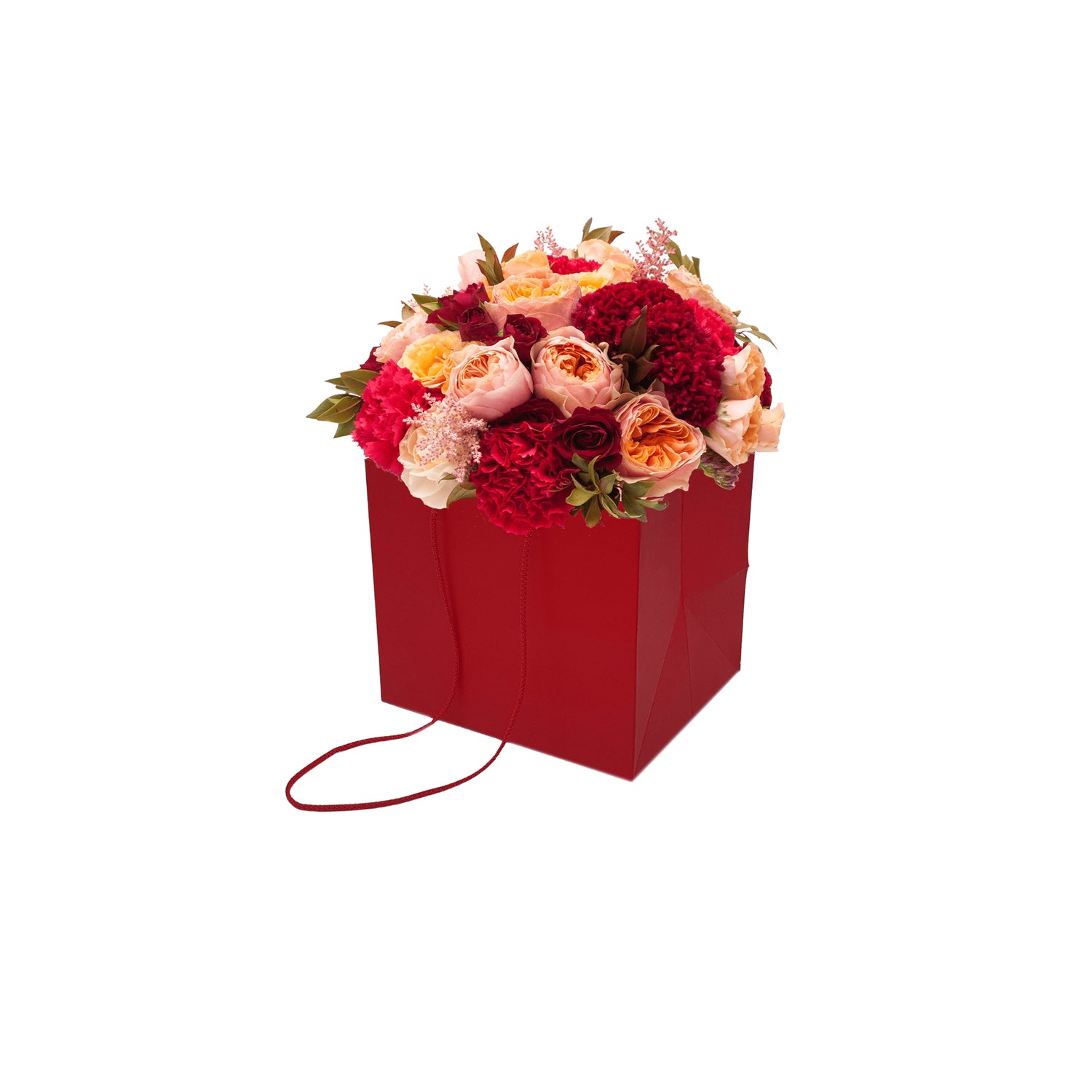 Pungă hârtie ROȘIE pentru flori cu mânere din șnur textil 16 x 17(H) x 15cm