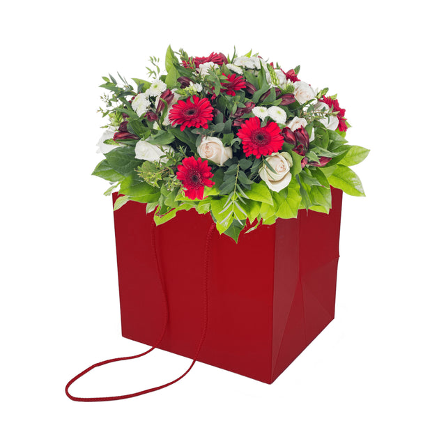 Pungă hârtie ROȘIE pentru flori cu mânere din șnur textil 23 x 20(H) x 20cm