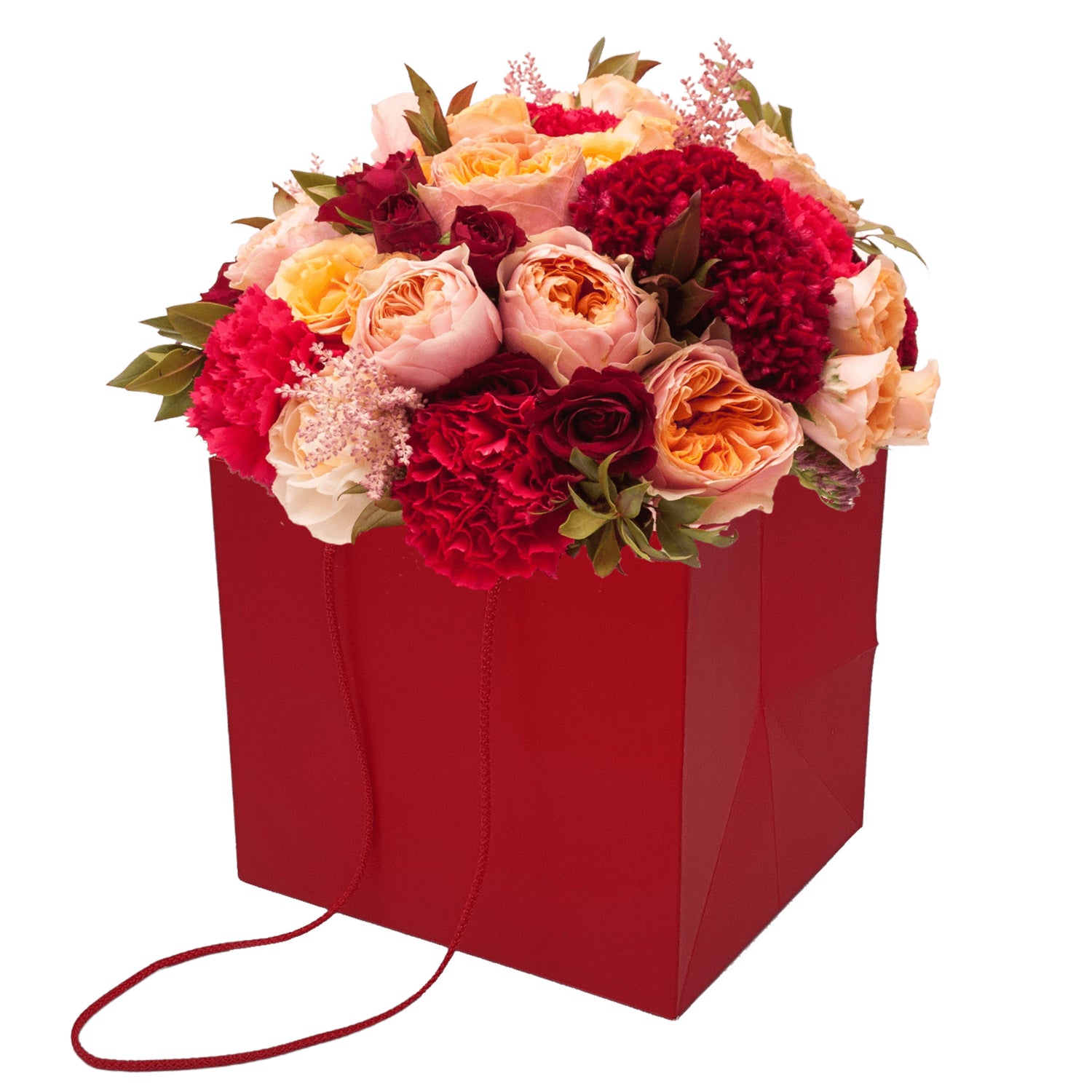 Pungă hârtie ROȘIE pentru flori cu mânere din șnur textil 30 x 25(H) x 27cm