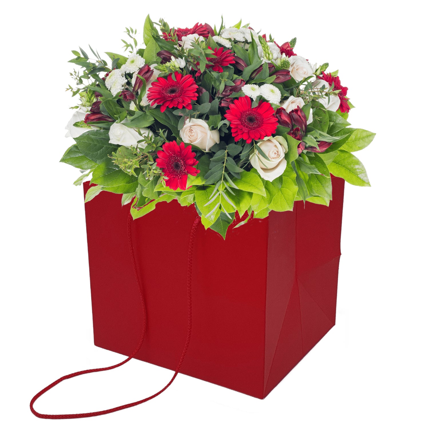 Pungă hârtie ROȘIE pentru flori cu mânere din șnur textil 30 x 25(H) x 27cm