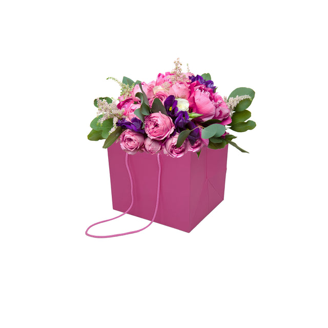 Pungă hârtie ROZ pentru flori cu mânere din șnur textil 16 x 17(H) x 15cm