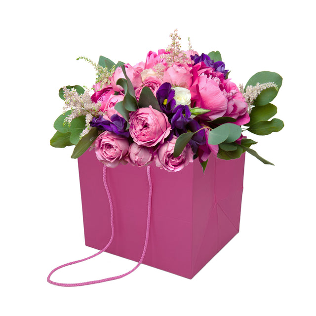 Pungă hârtie ROZ pentru flori cu mânere din șnur textil 23 x 20(H) x 20cm