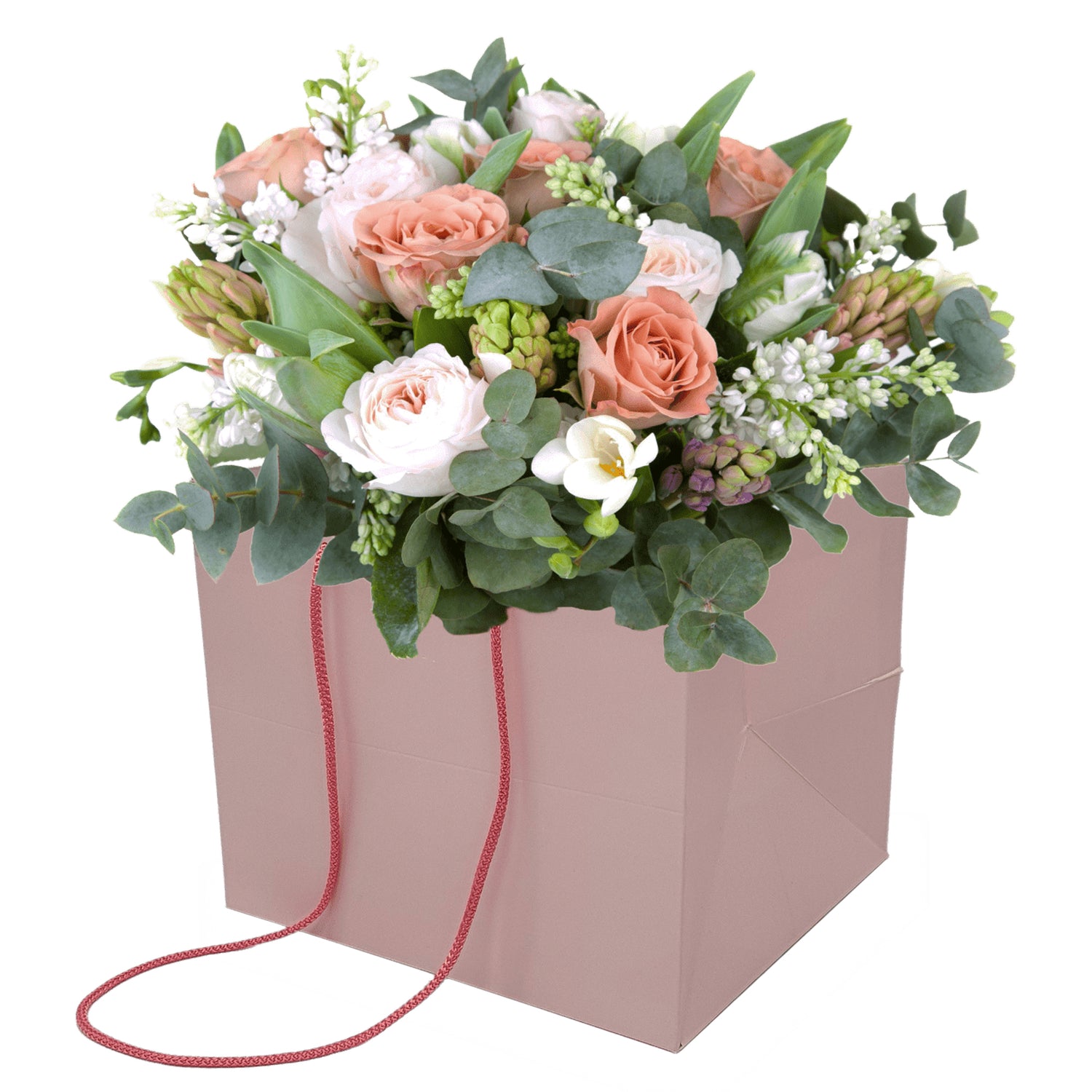 Pungă hârtie ROZ PAL pentru flori cu mânere din șnur textil 30 x 25(H) x 27cm