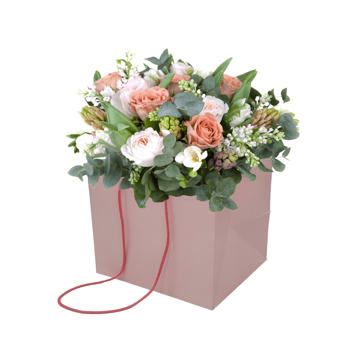 Pungă hârtie ROZ PAL pentru flori cu mânere din șnur textil 23 x 20(H) x 20cm