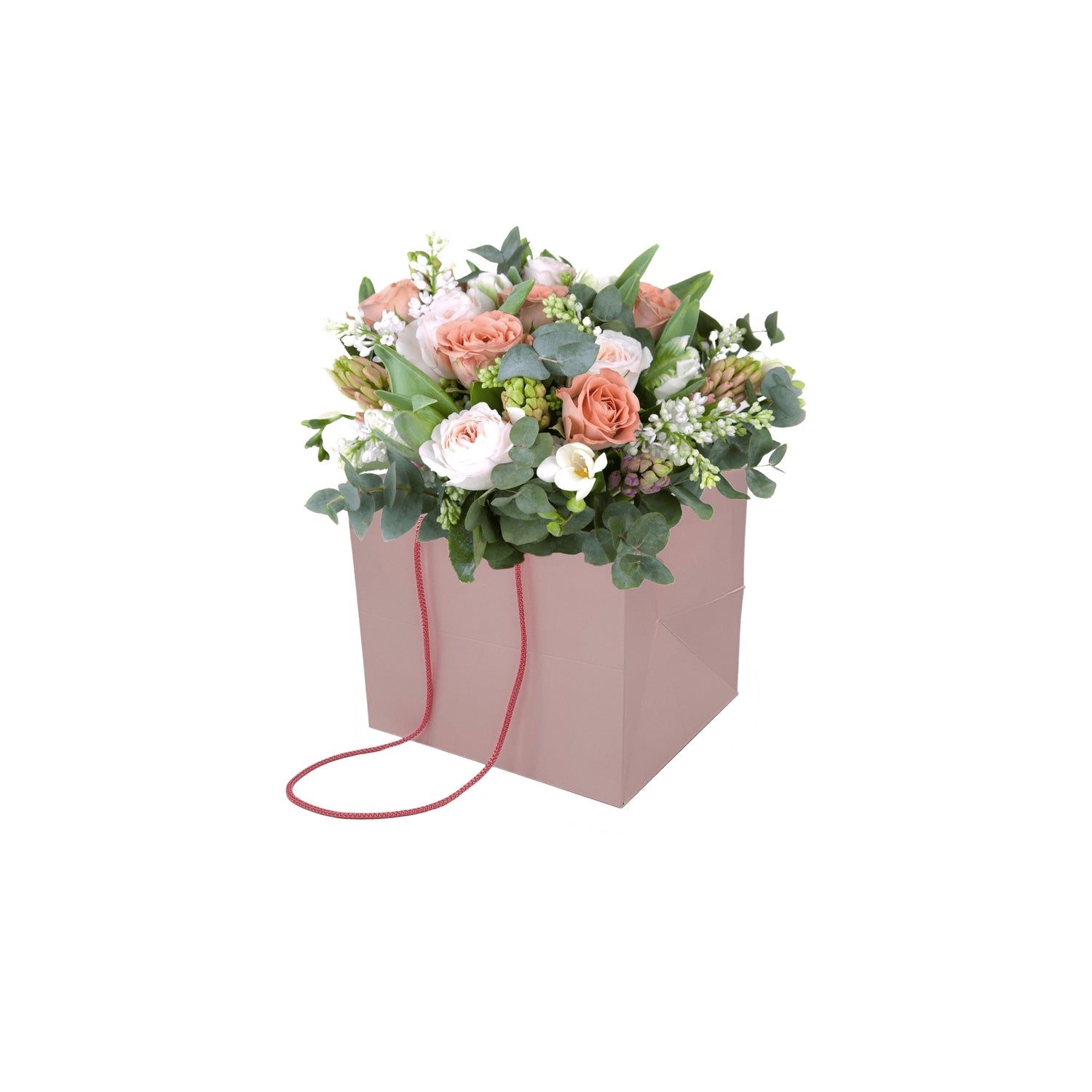 Pungă hârtie ROZ PAL pentru flori cu mânere din șnur textil 16 x 17(H) x 15cm