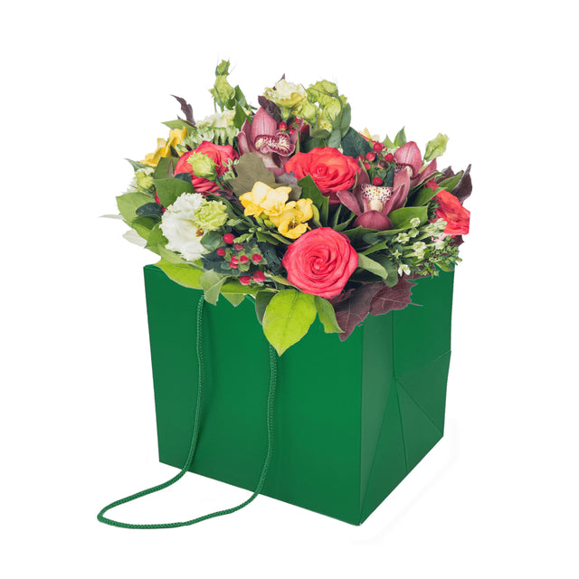 Pungă hârtie VERDE pentru flori cu mânere din șnur textil 23 x 20(H) x 20cm