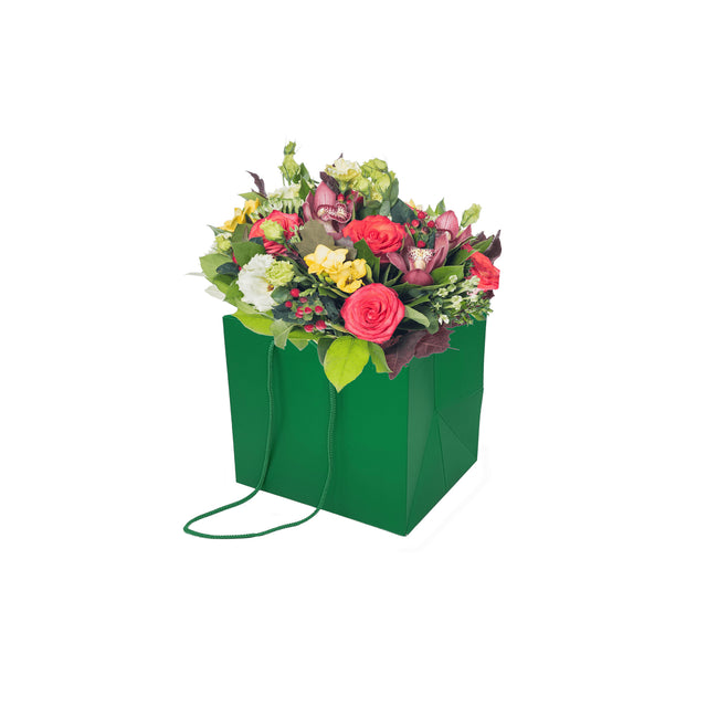 Pungă hârtie VERDE pentru flori cu mânere din șnur textil 16 x 17(H) x 15cm