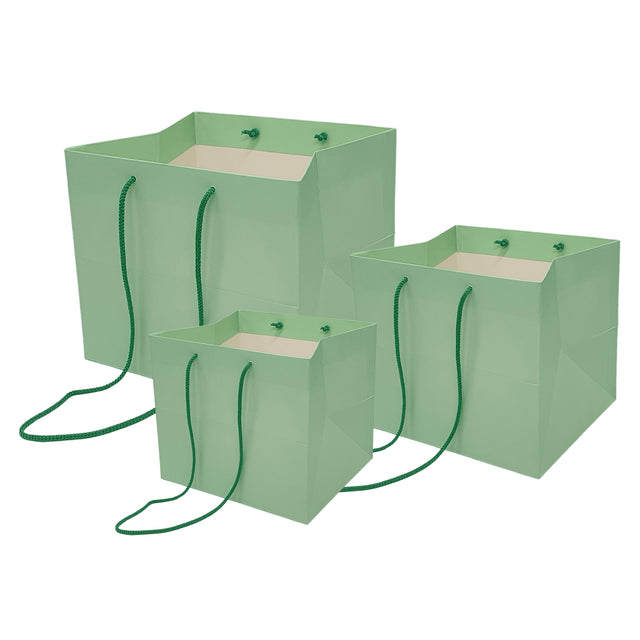 Pungă hârtie VERDE PAL pentru flori cu mânere din șnur textil 16 x 17(H) x 15cm