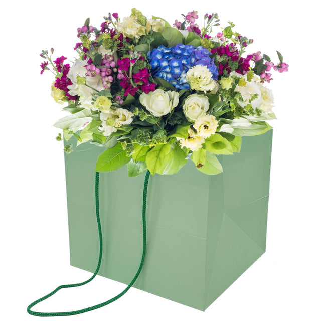 Pungă hârtie VERDE PAL pentru flori cu mânere din șnur textil 30 x 25(H) x 27cm