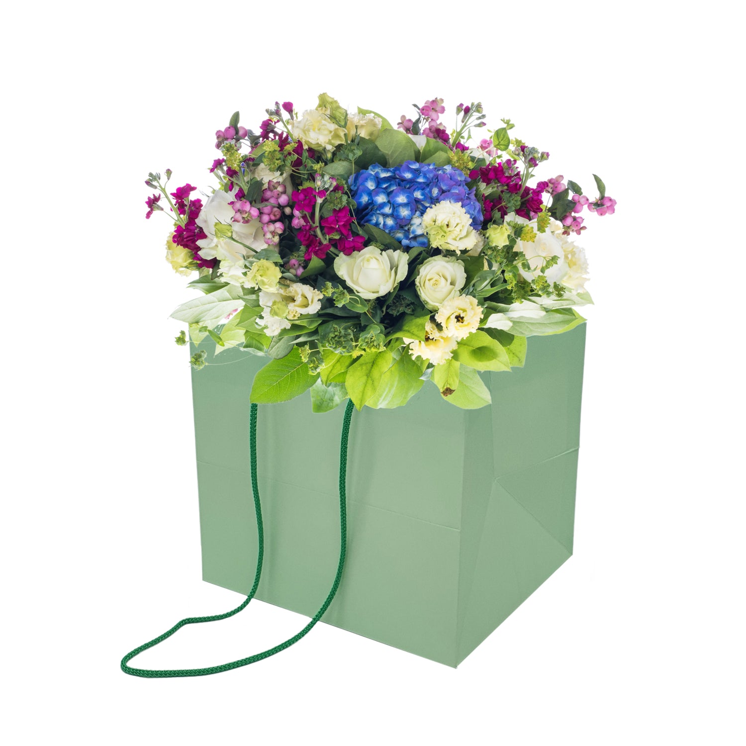 Pungă hârtie VERDE PAL pentru flori cu mânere din șnur textil 23 x 20(H) x 20cm