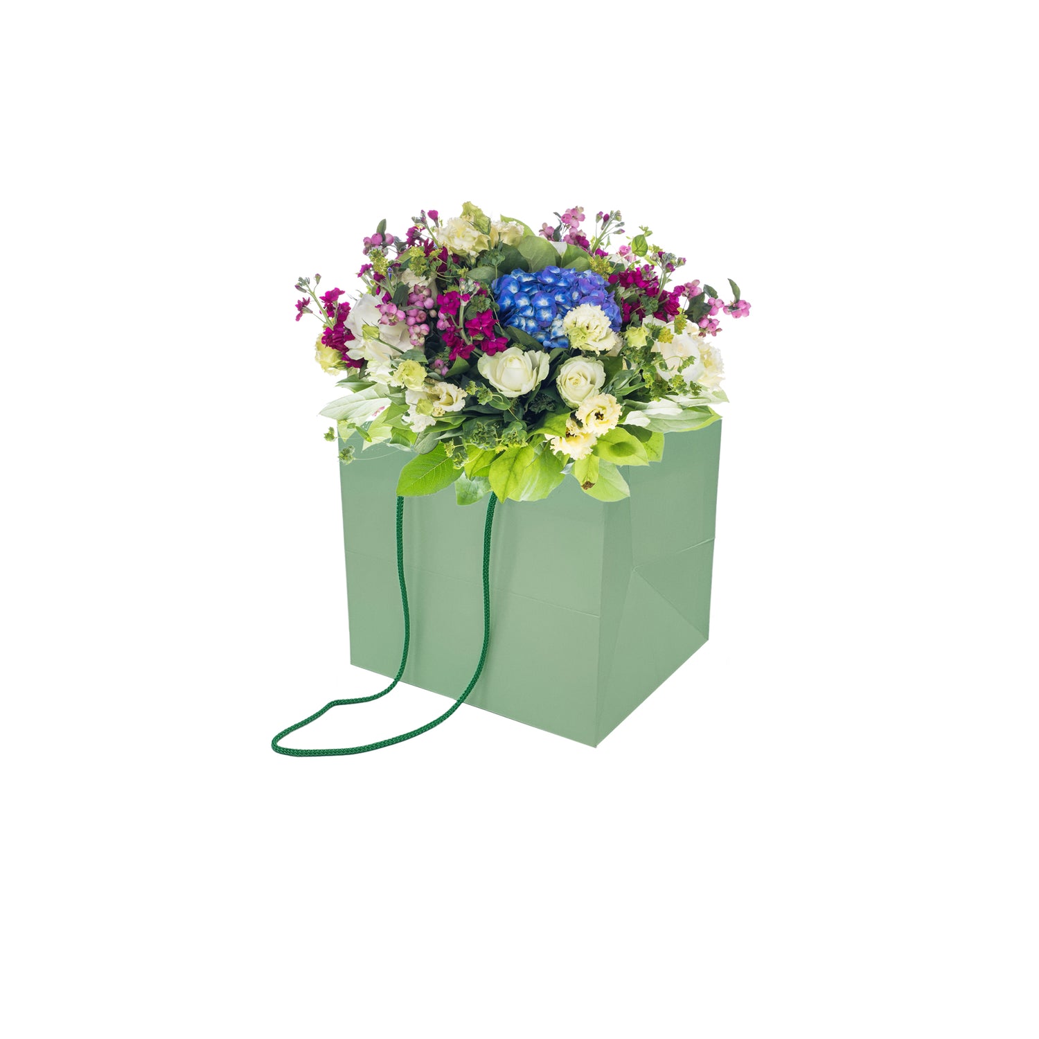 Pungă hârtie VERDE PAL pentru flori cu mânere din șnur textil 16 x 17(H) x 15cm