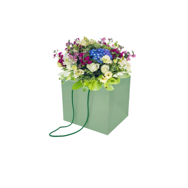 Pungă hârtie VERDE PAL pentru flori cu mânere din șnur textil 16 x 17(H) x 15cm