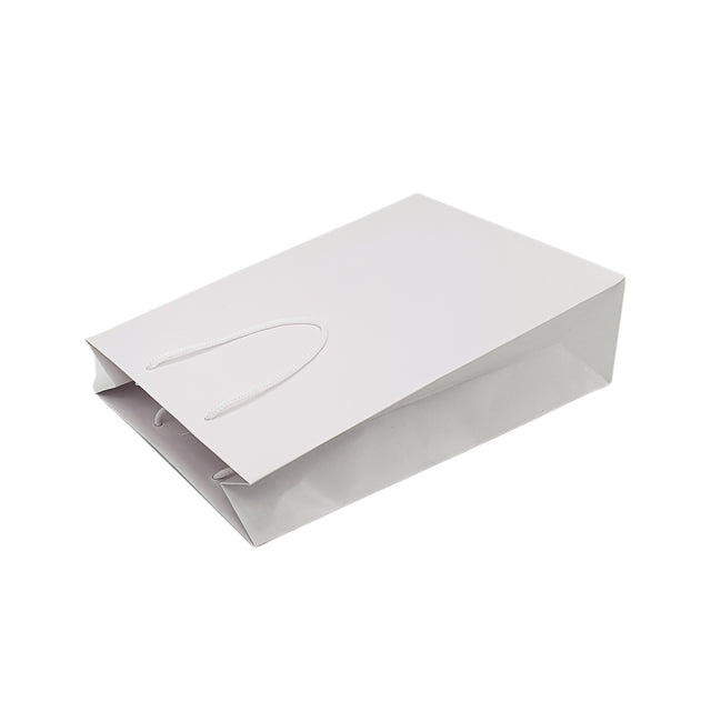 Pungă ALBĂ din hârtie premium cu mânere din șnur textil 32 x 40(H) x 12cm