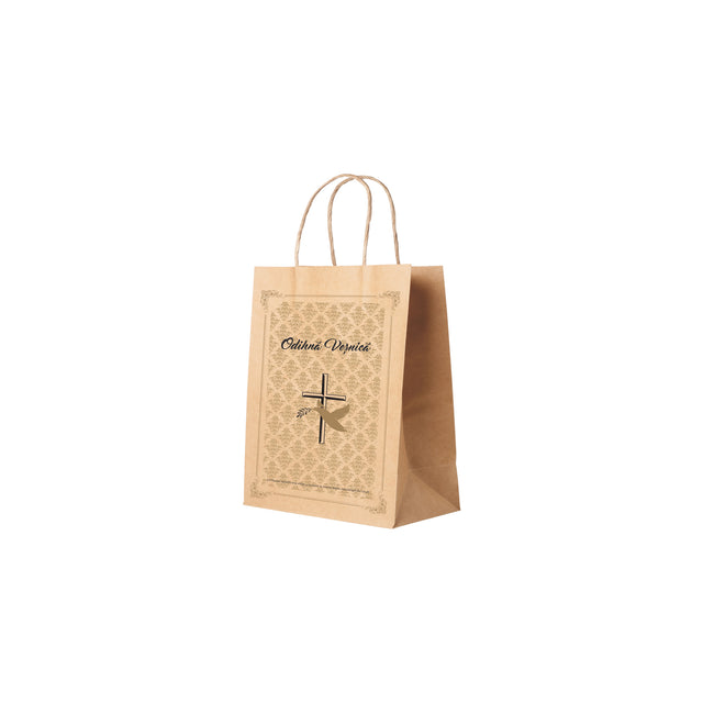 Pungă hârtie kraft NATUR pentru parastas, pomană, înmormântare „Porumbel Auriu” Odihnă Veşnică – mânere răsucite – 18 x 22(H) x 8 cm