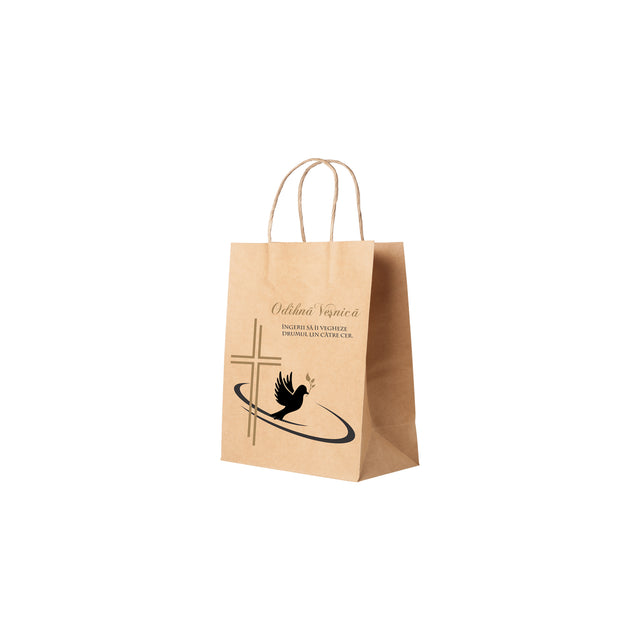 Pungă hârtie kraft NATUR pentru parastas, pomană, înmormântare „Drumul Spre Cer” Odihnă Veşnică – mânere răsucite – 18 x 22(H) x 8 cm