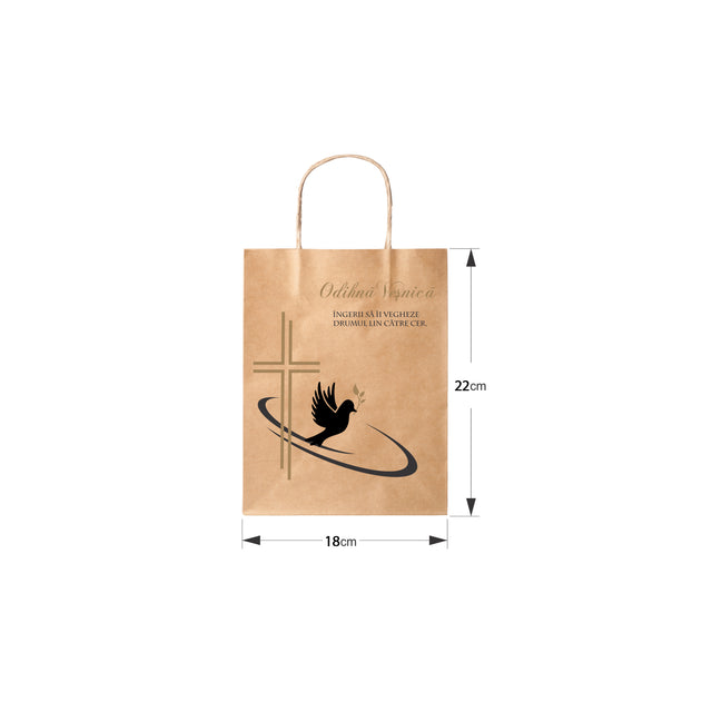 Pungă hârtie kraft NATUR pentru parastas, pomană, înmormântare „Drumul Spre Cer” Odihnă Veşnică – mânere răsucite – 18 x 22(H) x 8 cm