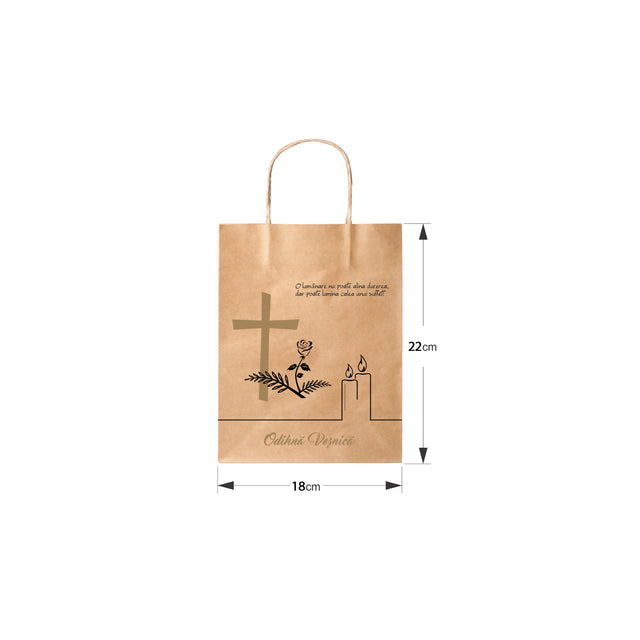 Pungă hârtie kraft NATUR pentru parastas, pomană, înmormântare „Lumânare şi Trandafir” Odihnă Veşnică – mânere răsucite – 18 x 22(H) x 8 cm