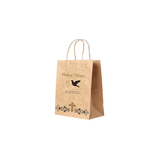 Pungă hârtie kraft NATUR pentru parastas, pomană, înmormântare „Porumbel cu Trandafiri” Odihnă Veşnică – mânere răsucite – 18 x 22(H) x 8 cm