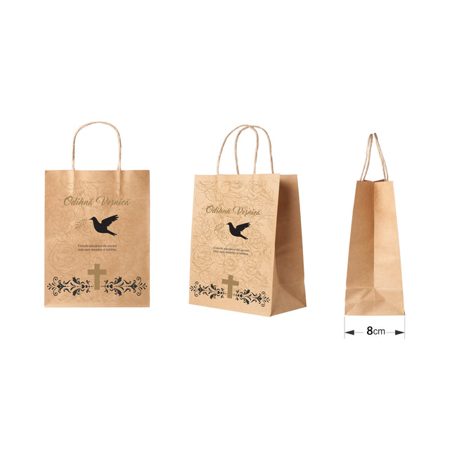 Pungă hârtie kraft NATUR pentru parastas, pomană, înmormântare „Porumbel cu Trandafiri” Odihnă Veşnică – mânere răsucite – 18 x 22(H) x 8 cm