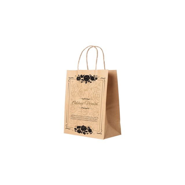 Pungă hârtie kraft NATUR pentru parastas, pomană, înmormântare „Trandafiri Negri” Odihnă Veşnică – mânere răsucite – 18 x 22(H) x 8 cm