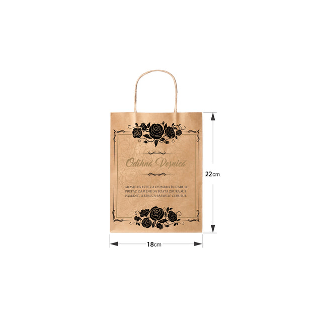 Pungă hârtie kraft NATUR pentru parastas, pomană, înmormântare „Trandafiri Negri” Odihnă Veşnică – mânere răsucite – 18 x 22(H) x 8 cm