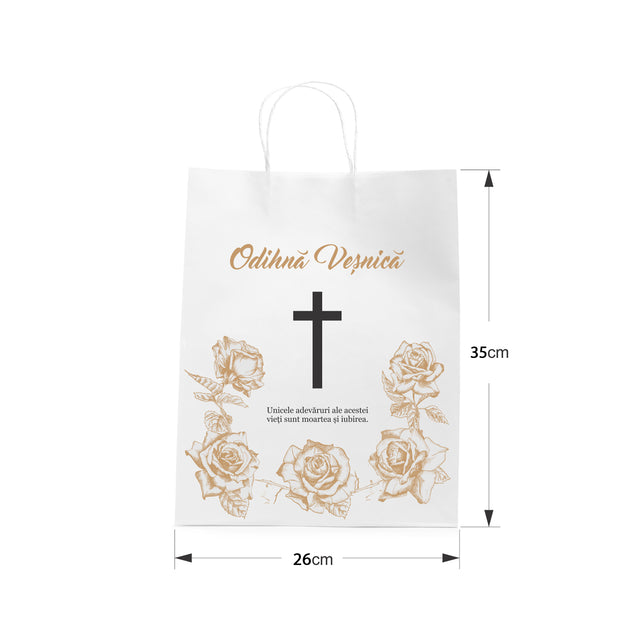 Pungă hârtie kraft ALB pentru parastas, pomană, înmormântare „Trandafirii Aurii” Odihnă Veşnică – mânere răsucite – 26 x 35(H) x 12 cm