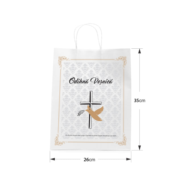 Pungă hârtie kraft ALB pentru parastas, pomană, înmormântare „Porumbel Auriu” Odihnă Veşnică – mânere răsucite – 26 x 35(H) x 12 cm