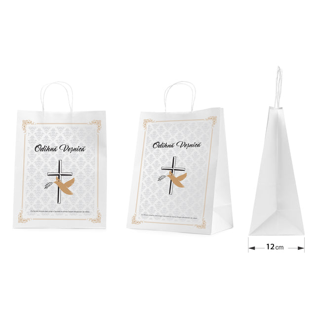 Pungă hârtie kraft ALB pentru parastas, pomană, înmormântare „Porumbel Auriu” Odihnă Veşnică – mânere răsucite – 26 x 35(H) x 12 cm