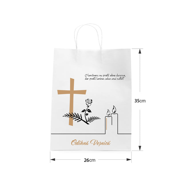 Pungă hârtie kraft ALB pentru parastas, pomană, înmormântare „Lumânare şi Trandafir” Odihnă Veşnică – mânere răsucite – 26 x 35(H) x 12 cm