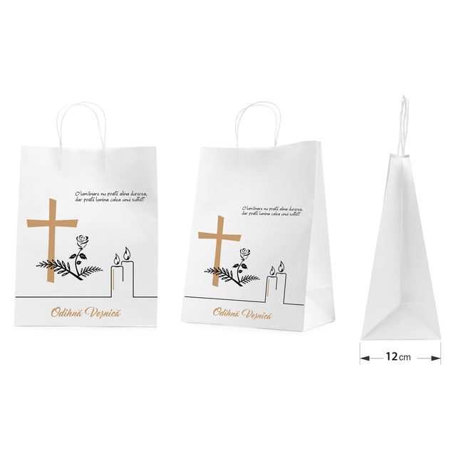 Pungă hârtie kraft ALB pentru parastas, pomană, înmormântare „Lumânare şi Trandafir” Odihnă Veşnică – mânere răsucite – 26 x 35(H) x 12 cm