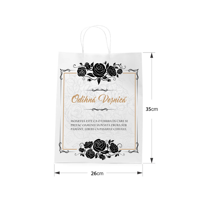 Pungă hârtie kraft ALB pentru parastas, pomană, înmormântare „Trandafiri Negri” Odihnă Veşnică – mânere răsucite – 26 x 35(H) x 12 cm