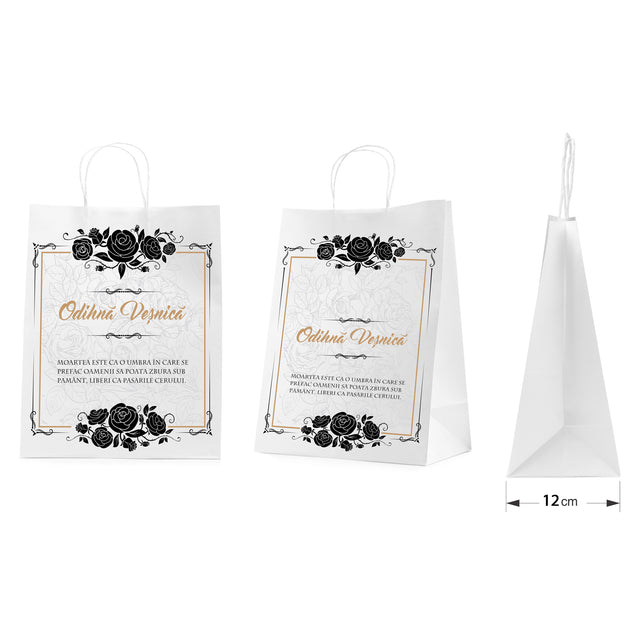 Pungă hârtie kraft ALB pentru parastas, pomană, înmormântare „Trandafiri Negri” Odihnă Veşnică – mânere răsucite – 26 x 35(H) x 12 cm