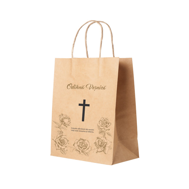 Pungă hârtie kraft NATUR pentru parastas, pomană, înmormântare „Trandafirii Aurii” Odihnă Veşnică – mânere răsucite – 27 x 36(H) x 11 cm