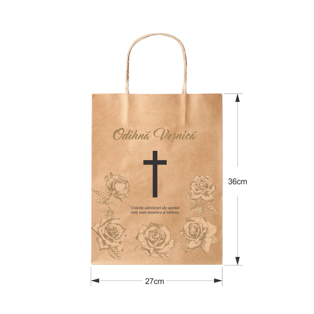 Pungă hârtie kraft NATUR pentru parastas, pomană, înmormântare „Trandafirii Aurii” Odihnă Veşnică – mânere răsucite – 27 x 36(H) x 11 cm