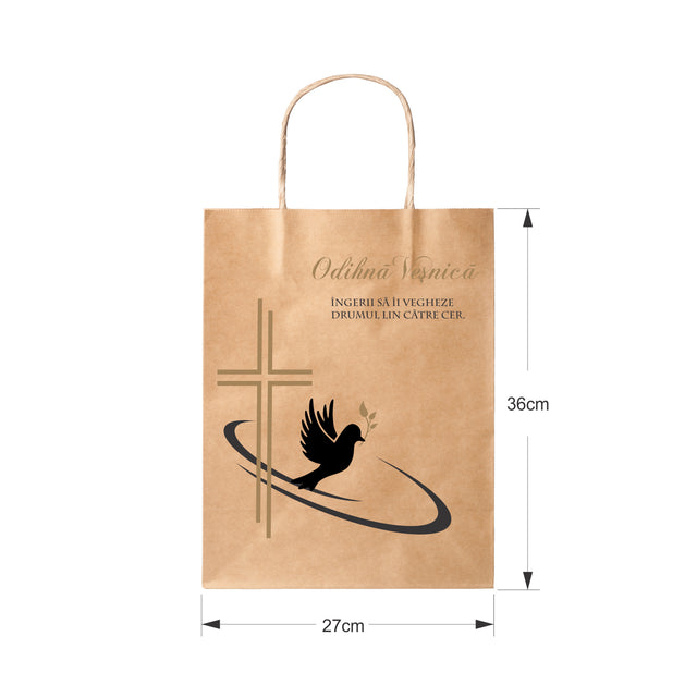 Pungă hârtie kraft NATUR pentru parastas, pomană, înmormântare „Drumul Spre Cer” Odihnă Veşnică – mânere răsucite – 27 x 36(H) x 11 cm